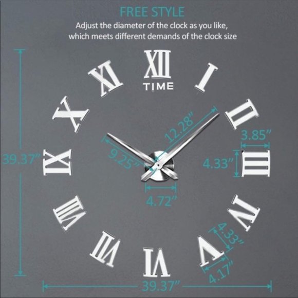 Extra Large DIY Mirror Wall Clock: Modern Frameless Quartz  Large Mirror 3D Roman Numerals Frameless Clock